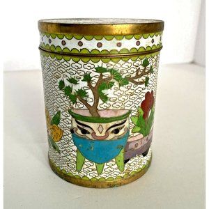 Chinese Round Tea Caddy Box And Lid Cloisonne Chinoiserie Design Enameled Brass